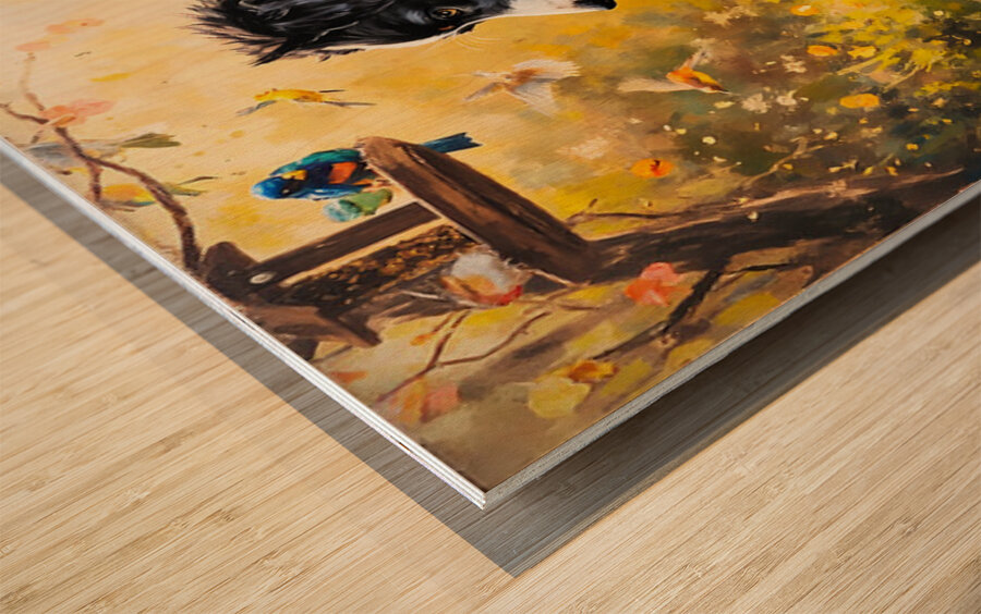 Content Border Collie Puppy Enjoys Watching Birds From Garden Below Wood print