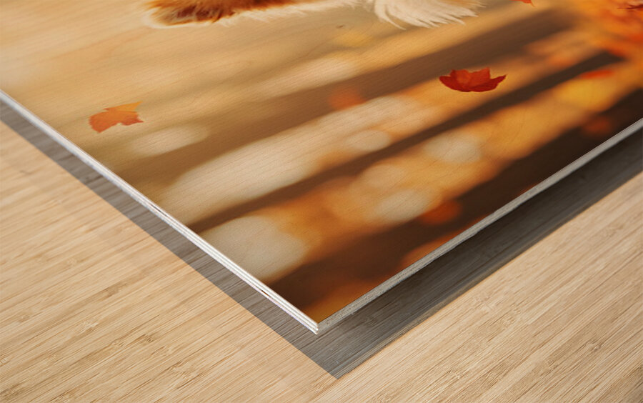 Pomeranian Puppy Carries Pinecone Through Forest Wood print